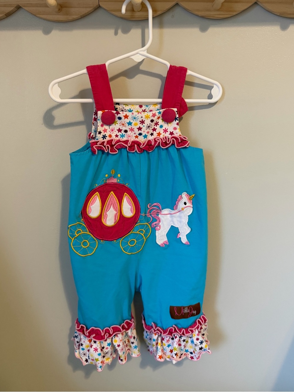 Millie Jay Girls Blue Pink Cotton Sleeveless Romper 6M Unicorn Princess Ruffle